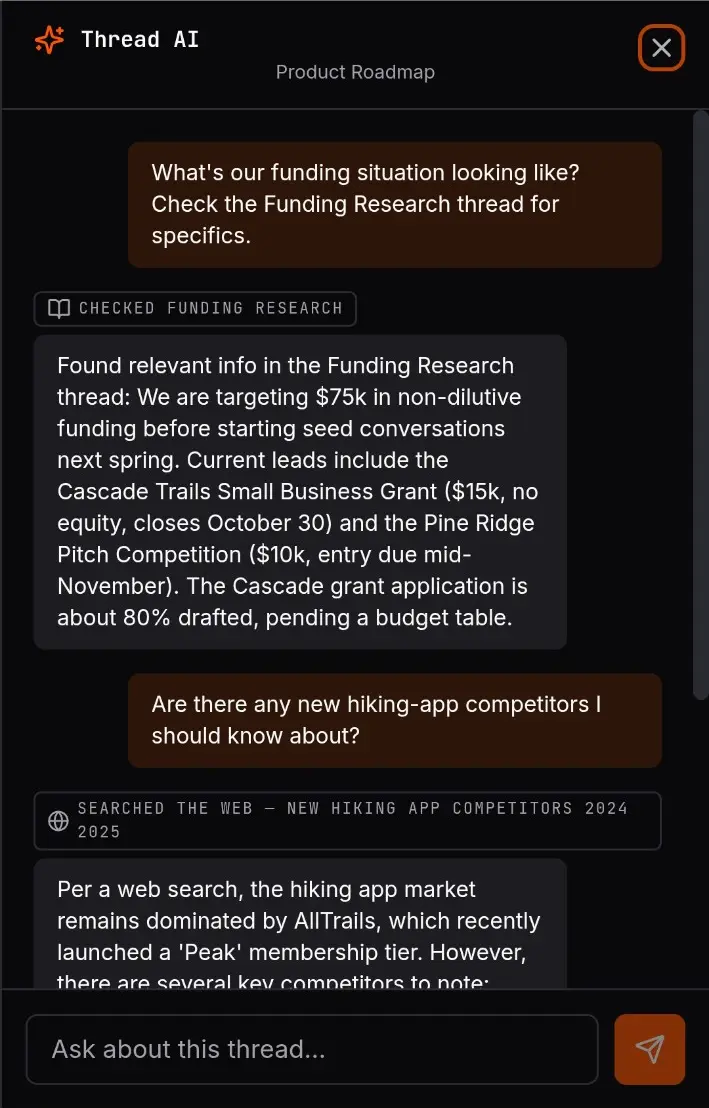 Thought Ledger cross-thread and web search indicators on mobile