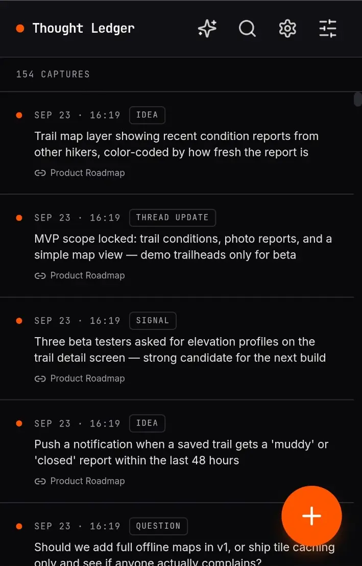 Thought Ledger fictional captures on mobile